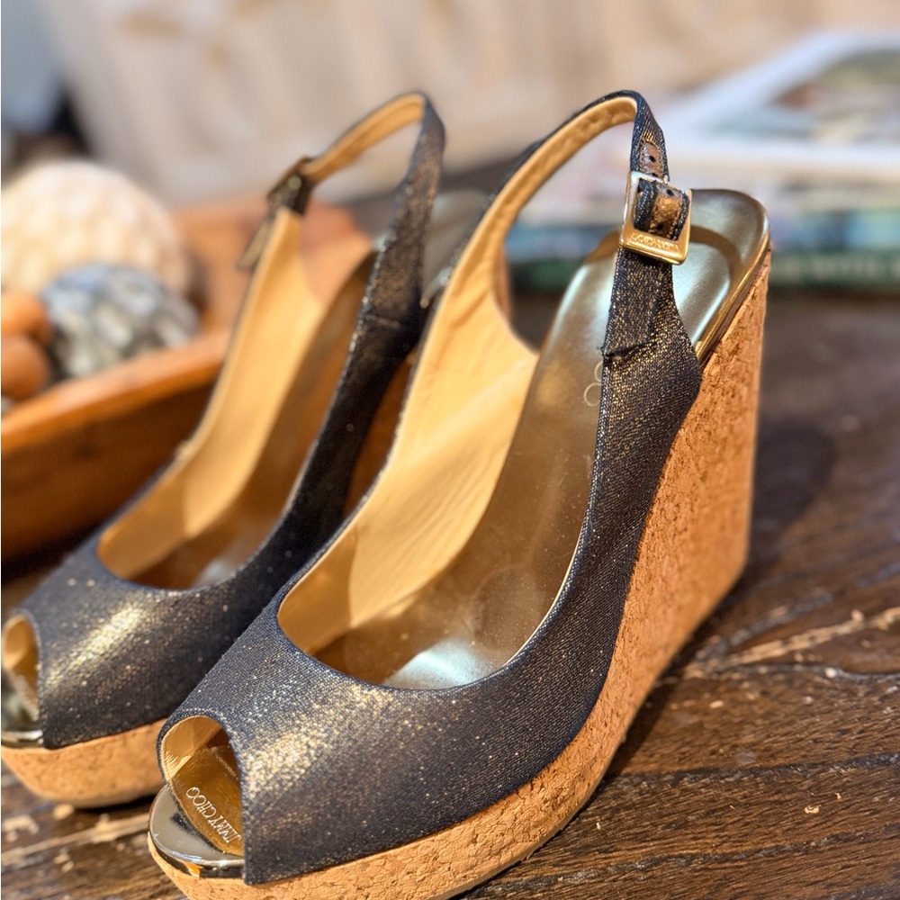 Jimmy Choo Black and Tan Wedge Sandals